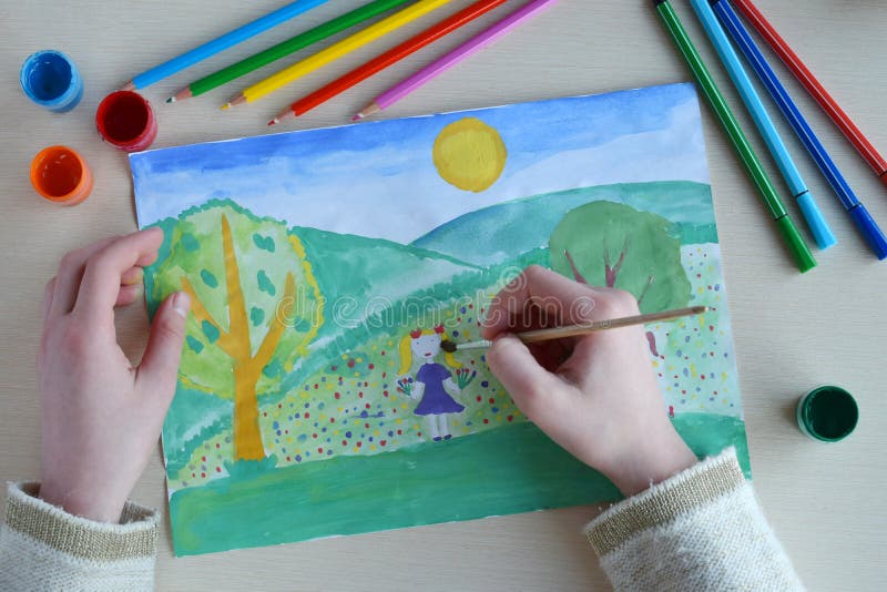 Children`s drawing: spring landscape. Little girl with the bouquet collects flowers on the blossomed lawn stock illustration Children`s drawing: spring landscape. Little girl with the bouquet collects flowers on the blossomed lawn stock illustration