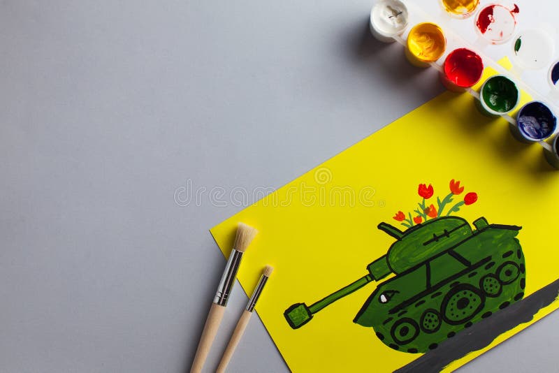 Children`s drawing of the tank on the anniversary of Victory Day. Greeting card for May 9. Creativity. Copy space. Children`s drawing of a tank as a gift for the vector illustration Children`s drawing of the tank on the anniversary of Victory Day. Greeting card for May 9. Creativity. Copy space. Children`s drawing of a tank as a gift for the vector illustration