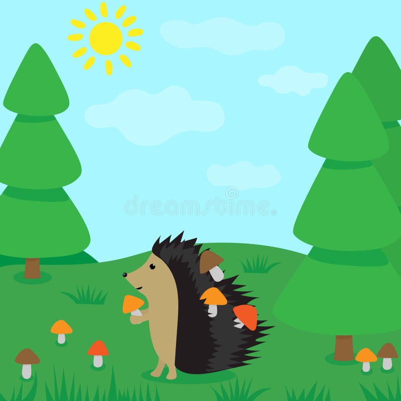 Children`s illustration vector hedgehog in the forest picks mushrooms card jigsaw puzzle landscape vector illustration Children`s illustration vector hedgehog in the forest picks mushrooms card jigsaw puzzle landscape vector illustration