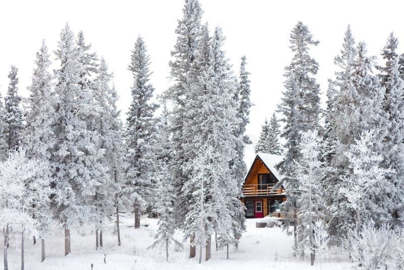 Christmas cottage in winter wonderland stock photos