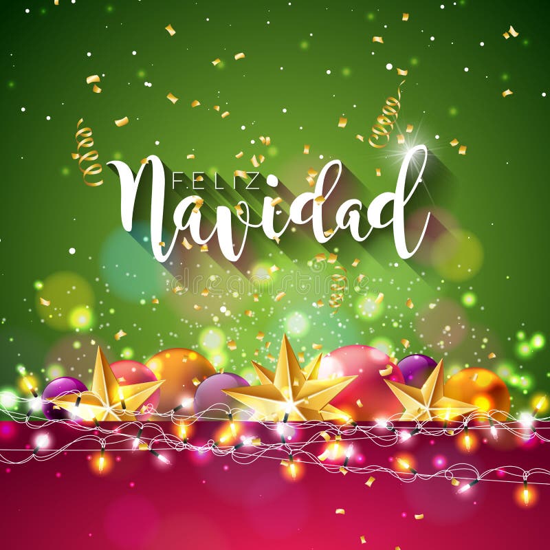 Christmas Illustration with Spanish Feliz Navidad Typography and Gold Cutout Paper Star, Ornamental Ball on Shiny Blue vector illustration
