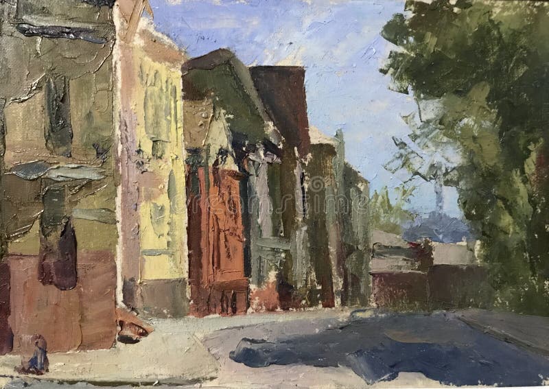 City landscape painted with new oil paints. Gray houses, yellow red green homes, no people. Holland or Russian style architecture of old houses is represented vector illustration City landscape painted with new oil paints. Gray houses, yellow red green homes, no people. Holland or Russian style architecture of old houses is represented vector illustration
