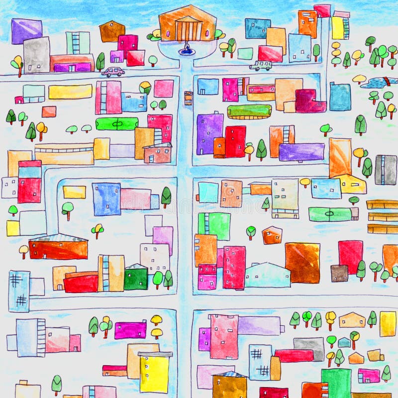City painted colorful watercolor paint on a car road intersection asphalt urban illustration of a home squares. City painted watercolor paint on a car road vector illustration City painted colorful watercolor paint on a car road intersection asphalt urban illustration of a home squares. City painted watercolor paint on a car road vector illustration