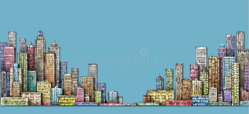 City panorama, hand drawn cityscape, architecture illustration. City panorama, hand drawn cityscape, drawing illustration stock photo