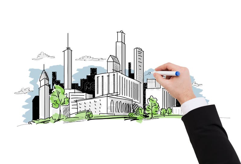 Close up of businessman drawing city sketch. Business and architecture concept - close up of businessman drawing city sketch stock photos