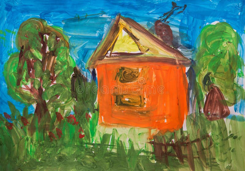 Close up. Summer house in the green garden. Children`s drawing paints. Craft in the kindergarten royalty free illustration Close up. Summer house in the green garden. Children`s drawing paints. Craft in the kindergarten royalty free illustration