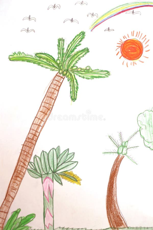 Coconut palms and banana trees with crayon drawings. Coconut palms and banana trees with crayon drawings,This is a children artwork royalty free illustration