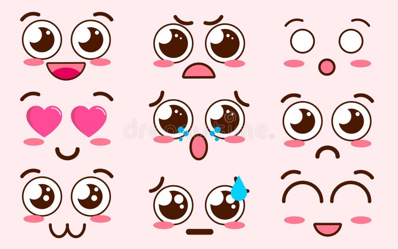 Collection of cute lovely kawaii emoticon emoji Doodle cartoon face , smile , happy , wink , excited , sleepy , chill. Kiss , crazy , sweet in childlike manga stock illustration