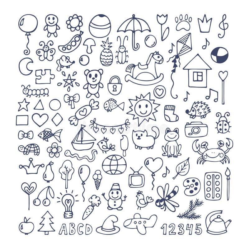 Collection of hand drawn cute doodles. Doodle children drawing. royalty free illustration Collection of hand drawn cute doodles. Doodle children drawing. royalty free illustration