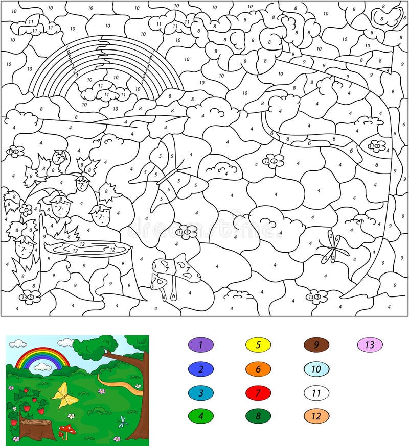 Color by number educational game for kids. Forest glade with a s stock illustration