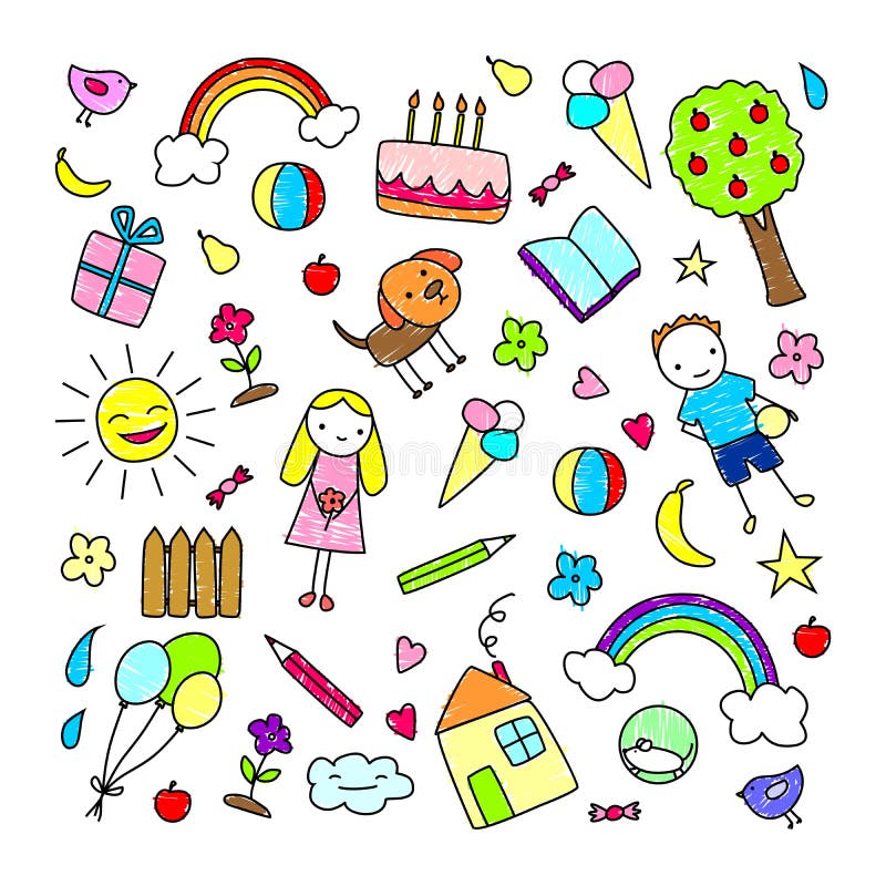 Colored Children Drawings Pattern. With kids animals fruits school nature birthday elements and objects vector illustration vector illustration