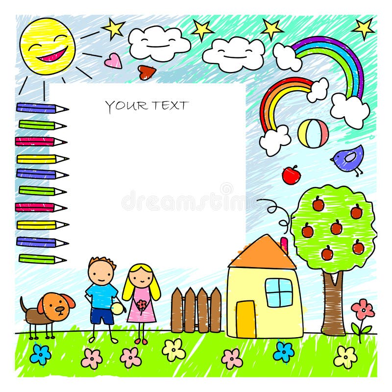 Colored Doodle Children Drawings Template stock illustration