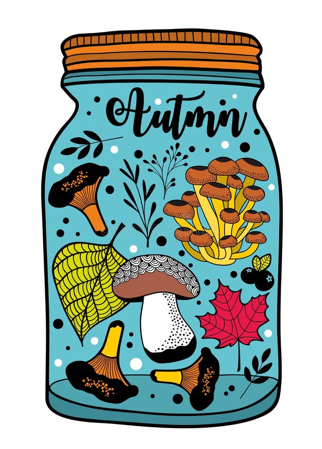 Colorful illustration of the jar with autumn gifts. Vector modern print stock illustration