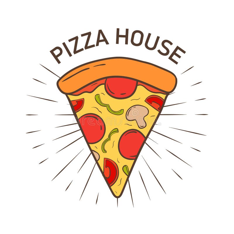 Colorful logotype with delicious pizza slice hand drawn in retro style. Tasty meal of Italian cuisine. Modern stylish. Vector illustration for logo of stock illustration Colorful logotype with delicious pizza slice hand drawn in retro style. Tasty meal of Italian cuisine. Modern stylish. Vector illustration for logo of stock illustration