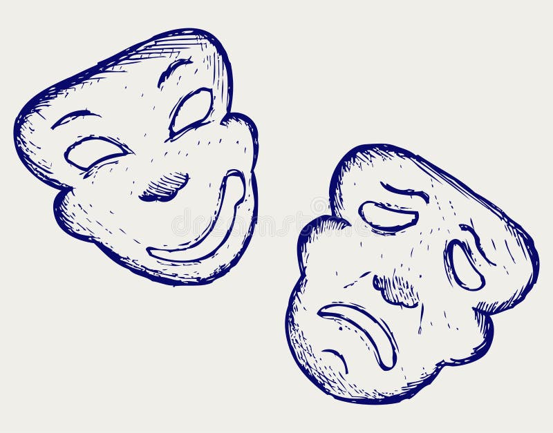 Comedy and tragedy theater masks. Doodle style vector illustration