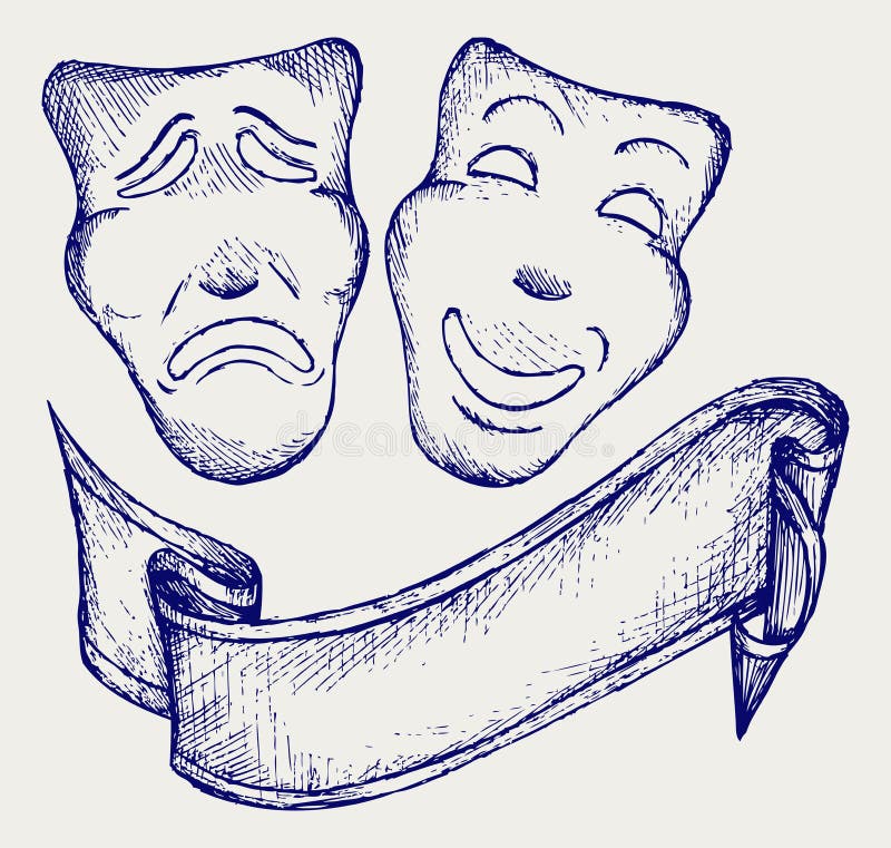 Comedy and tragedy theater masks. Doodle style royalty free illustration