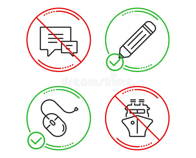 Computer mouse, Comment and Pencil icons set. Ship sign. Pc device, Talk bubbles, Edit data. Vector. Do or Stop. Computer mouse, Comment and Pencil icons simple stock illustration Computer mouse, Comment and Pencil icons set. Ship sign. Pc device, Talk bubbles, Edit data. Vector. Do or Stop. Computer mouse, Comment and Pencil icons simple stock illustration
