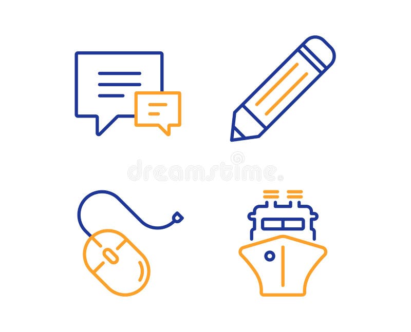 Computer mouse, Comment and Pencil icons set. Ship sign. Pc device, Talk bubbles, Edit data. Vector. Computer mouse, Comment and Pencil icons simple set. Ship royalty free illustration Computer mouse, Comment and Pencil icons set. Ship sign. Pc device, Talk bubbles, Edit data. Vector. Computer mouse, Comment and Pencil icons simple set. Ship royalty free illustration