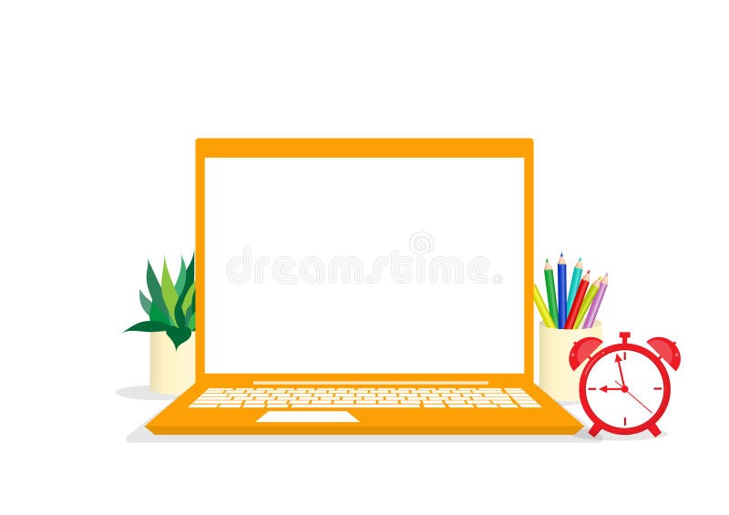 Orange laptop with pencil, flower pot, and table clock located on white background. Monitor blank. Front view. Minimal style. Vector illustration royalty free illustration