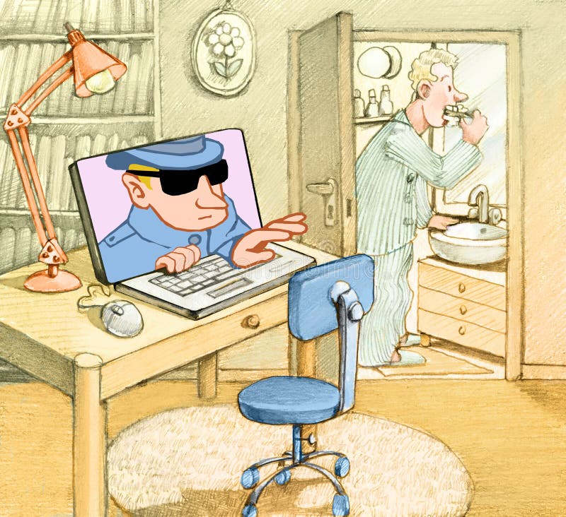 Computer security pencil draw. Serene man in the house and thief spying on him from the computer internet hacker attack concept royalty free illustration Computer security pencil draw. Serene man in the house and thief spying on him from the computer internet hacker attack concept royalty free illustration
