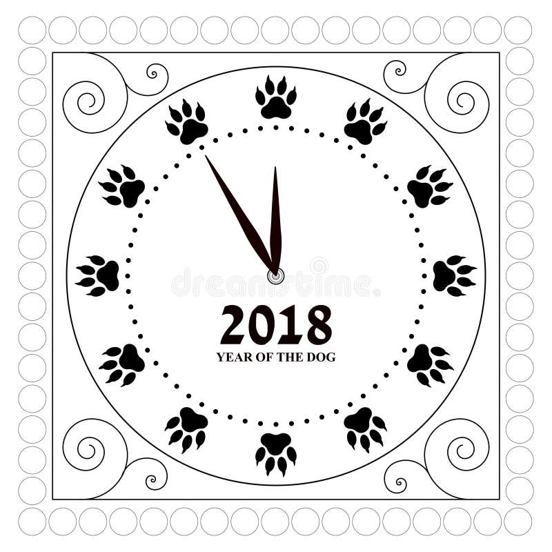 The contour of the dial of the watch with traces of the dog`s paws instead of figures. Map. Happy New Year. Contour pattern clock face with traces of dog`s paws royalty free illustration The contour of the dial of the watch with traces of the dog`s paws instead of figures. Map. Happy New Year. Contour pattern clock face with traces of dog`s paws royalty free illustration