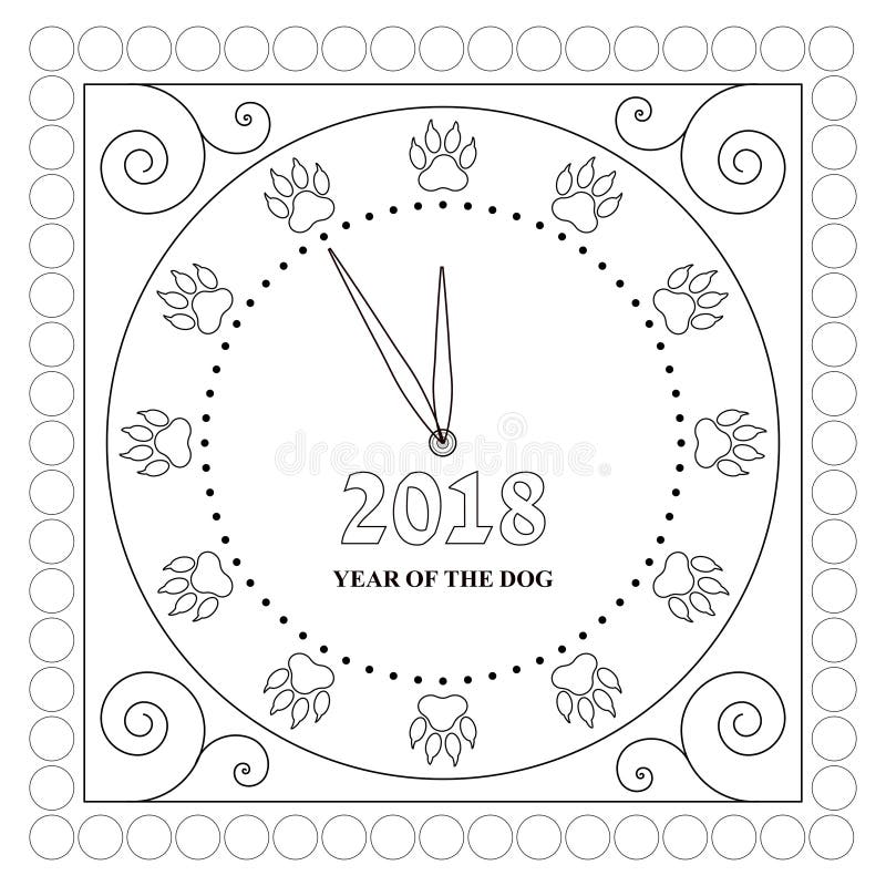 The contour of the dial of the watch with traces of the dog`s paws instead of figures. Map. Happy New Year. Contour pattern clock face with traces of dog`s paws stock illustration The contour of the dial of the watch with traces of the dog`s paws instead of figures. Map. Happy New Year. Contour pattern clock face with traces of dog`s paws stock illustration