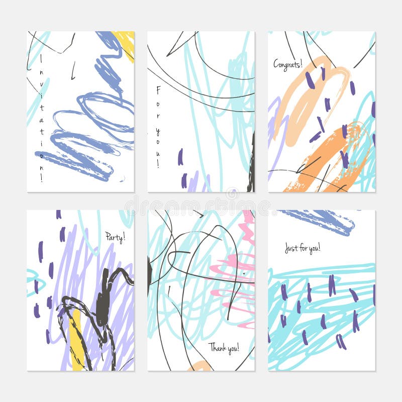 Crayon kids drawing scribbles dots and circles. Hand drawn creative invitation or greeting cards template. Anniversary, Birthday, wedding, party, social media royalty free illustration Crayon kids drawing scribbles dots and circles. Hand drawn creative invitation or greeting cards template. Anniversary, Birthday, wedding, party, social media royalty free illustration