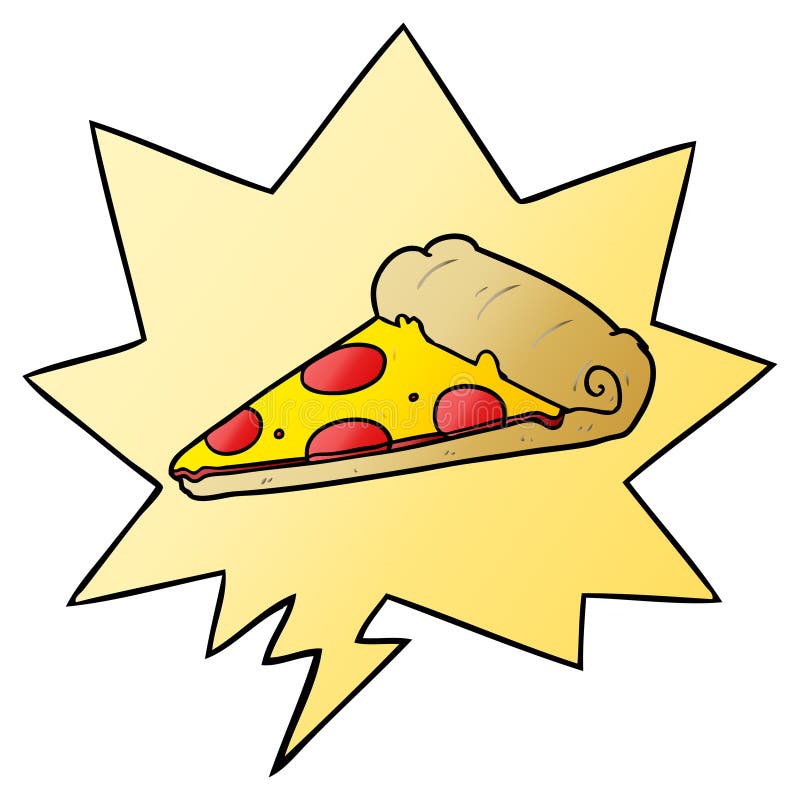 A creative cartoon slice of pizza and speech bubble in smooth gradient style. An original creative cartoon slice of pizza and speech bubble in smooth gradient royalty free illustration