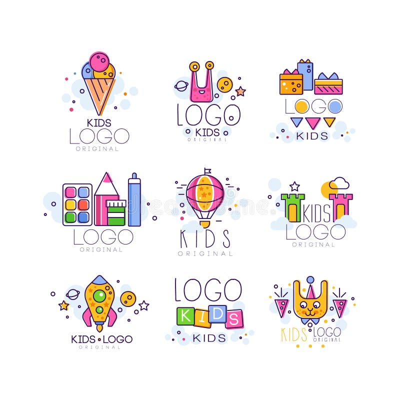Creative colorful kids logo set in line style. Ice cream, alien, gifts, air balloon, castle, rocket, cubes, bunny, paint. Creative kids logo set in line style stock illustration
