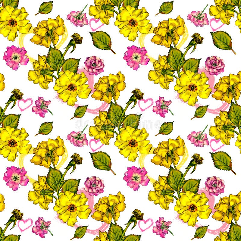 Illustration with the image of garden roses and hearts. Spring-summer theme. Seamless pattern. Creative composition with the image of garden flowers. Theme of vector illustration