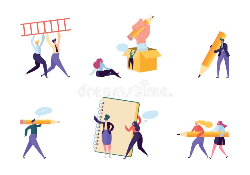 Creative Copywriter People Business Character Set. Writer Team Draw Pencil in Notebook. Hipster Freelancer Employee. Success Career. Man Corporate Coworking stock illustration Creative Copywriter People Business Character Set. Writer Team Draw Pencil in Notebook. Hipster Freelancer Employee. Success Career. Man Corporate Coworking stock illustration