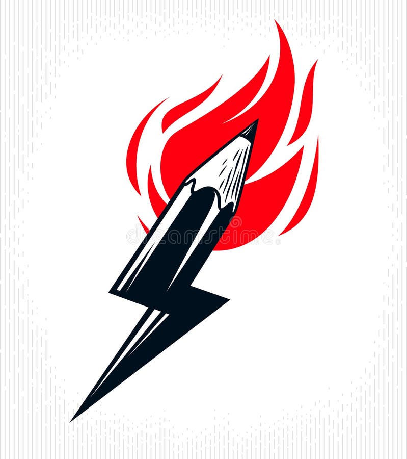 Creative energy power concept shown by pencil in a shape of lightning bolt with fire flame, vector logo or icon, the power of idea. Design and art, science royalty free illustration