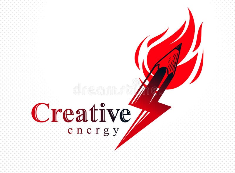 Creative energy power concept shown by pencil in a shape of lightning bolt with fire flame, vector logo or icon, the power of idea. Design and art, science royalty free illustration