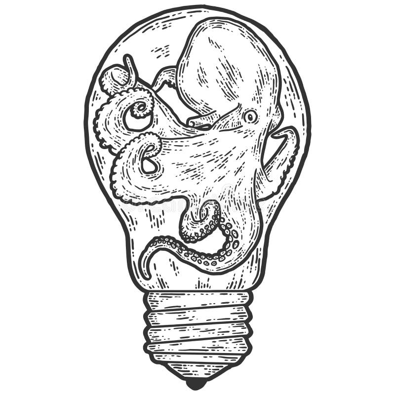 Creative, octopus in an aquarium light bulb. Sketch scratch board imitation. Black and white. Engraving raster illustration royalty free illustration