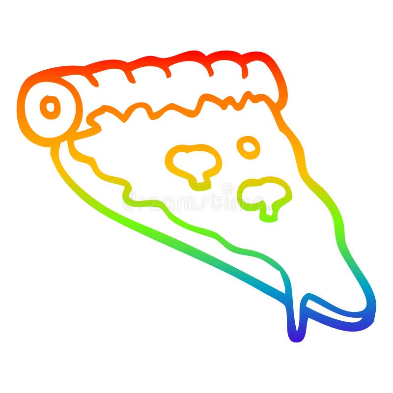 A creative rainbow gradient line drawing cartoon pizza slice. An original creative rainbow gradient line drawing cartoon pizza slice stock illustration