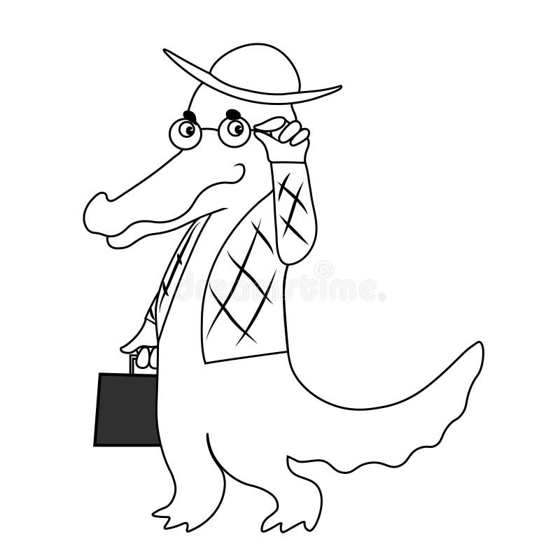 Crocodile dandy in fashion glass and suit looks. Vector drawing illustration. Crocodile dandy in trendy glass and fashion suit critic looks at you. Vector hand vector illustration