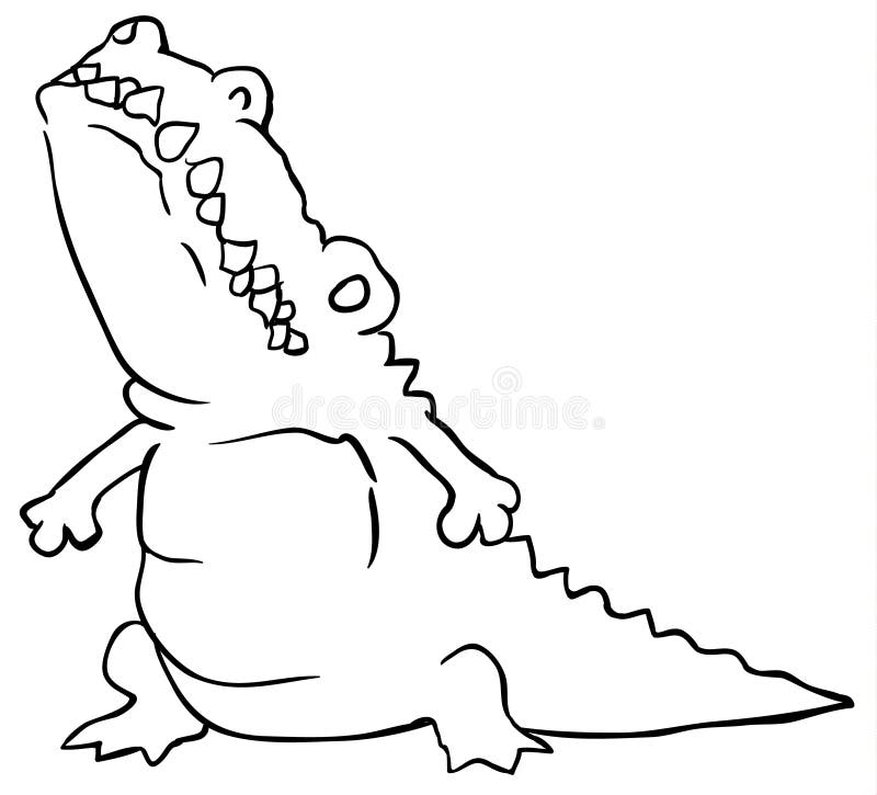 Crocodile Fat Cartoon Line Drawing. Vector, horizontal, over white stock illustration
