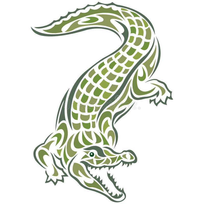 Crocodile silhouette drawn by various lines of green on a white isolated background. Tattoo, mascot logo - funny alligator. For the design of the company stock illustration