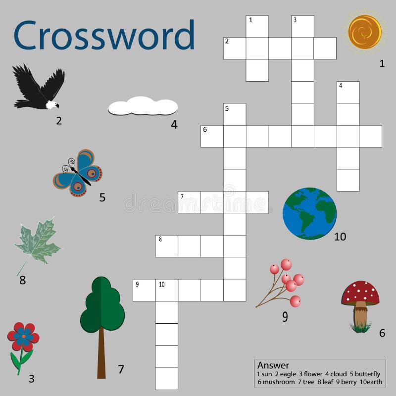 Crossword-puzzle-game-for-kids,-nature-theme,-light-gray-background vector illustration