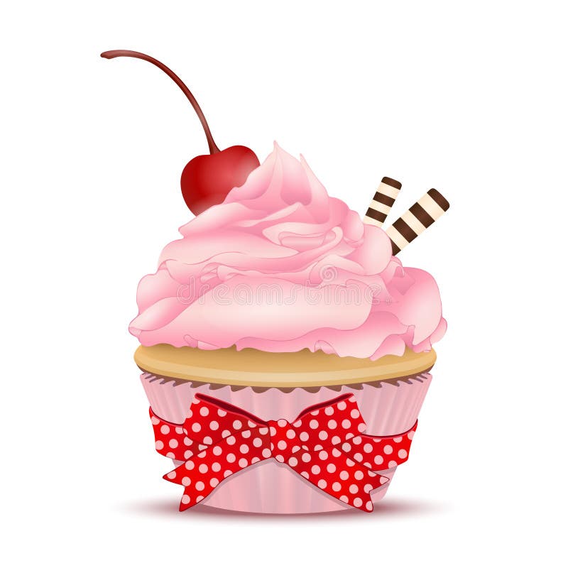 Cupcake with pink fruit cream, with a cherry on top and waffles, vector illustration. Drawing of dessert isolated on white backgro. Cupcake with pink fruit cream vector illustration