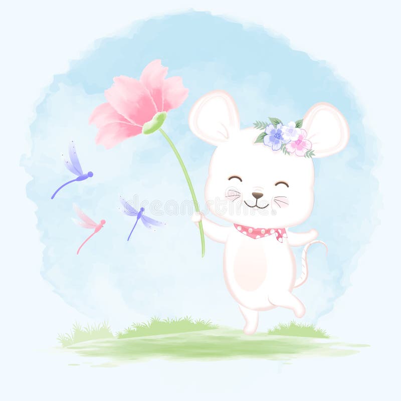 Cute baby mouse holding flower with dragonfly hand drawn cartoon watercolor illustration. Cute baby mouse holding flower with dragonfly hand drawn cartoon animal royalty free illustration