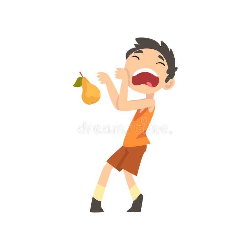 Cute Boy Does Not Want to Eat Pear, Child Does Not Like Fruits Vector Illustration Vector Illustration. On White Background stock illustration
