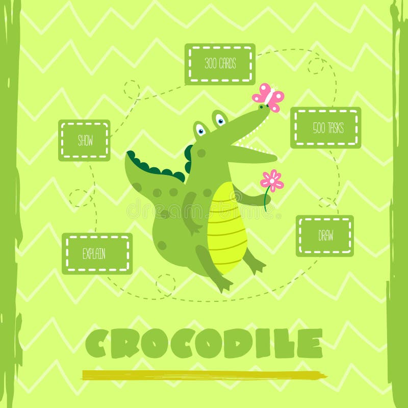 Cute card template with green crocodile Hand Drawn card for games , party invitations, scrapbook, T-shit print. Vector. Illustration in bright colors stock illustration