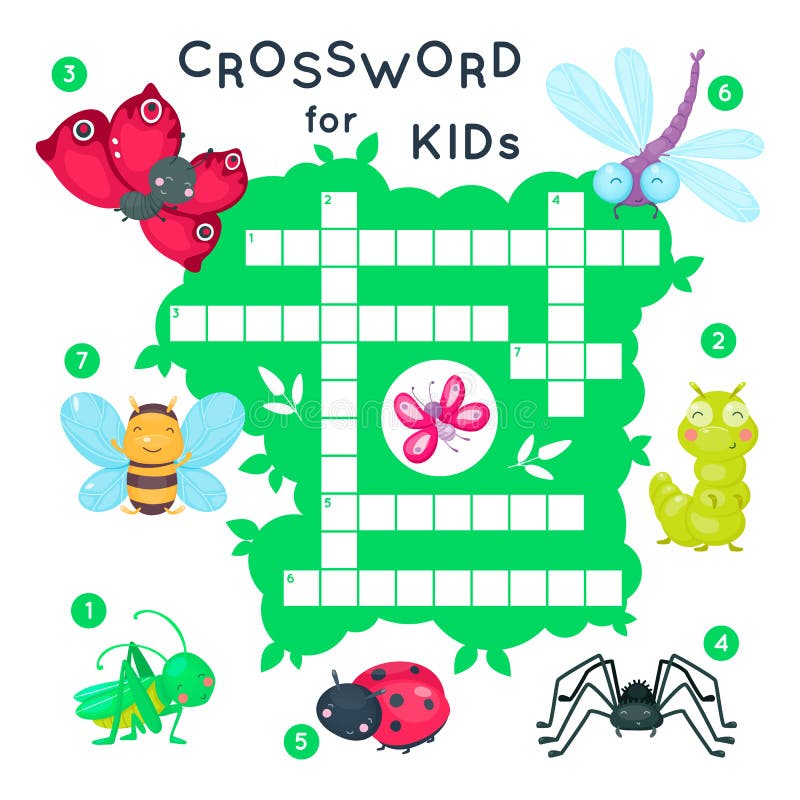 Cute cartoon baby insects crossword for kids. Puzzle game for children. Butterfly and bug, bee and dragonfly. Vector illustration stock illustration