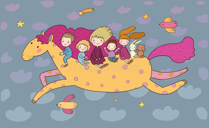 Cute cartoon children are flying on a magic horse. Children s party birthday greeting card. stock illustration Cute cartoon children are flying on a magic horse. Children s party birthday greeting card. stock illustration