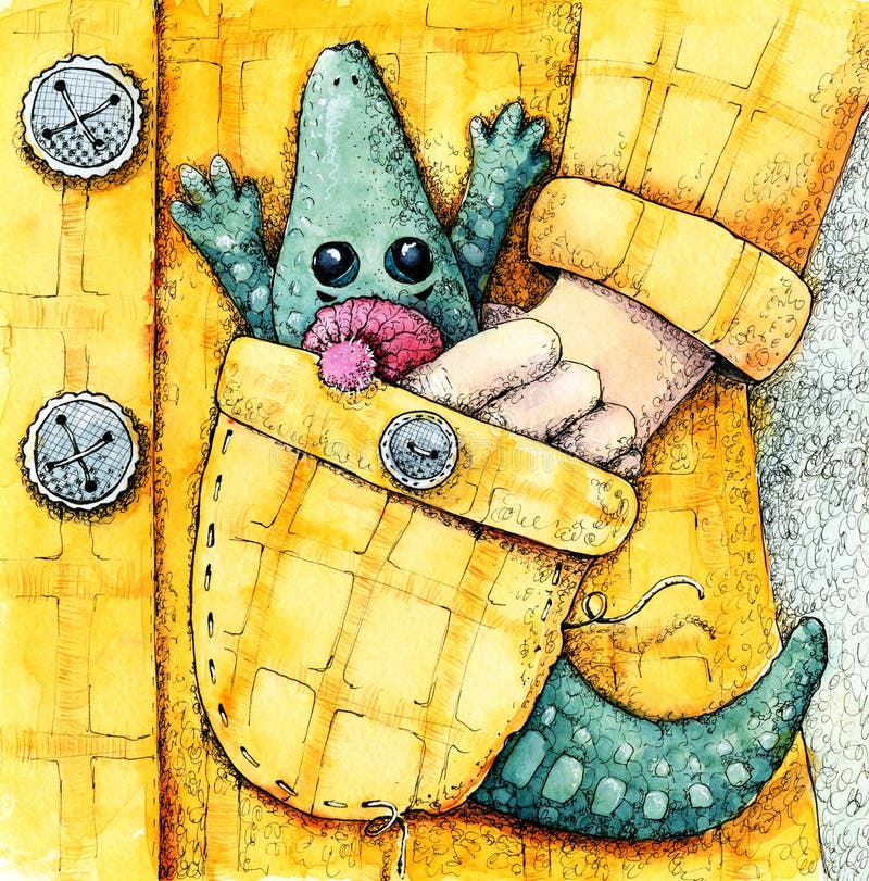 Cute cartoon crocodile in a hat sits in a coat pocket. A girl walks with an animal. Hand drawn watercolor illustration for design. Of cover, print, background stock illustration