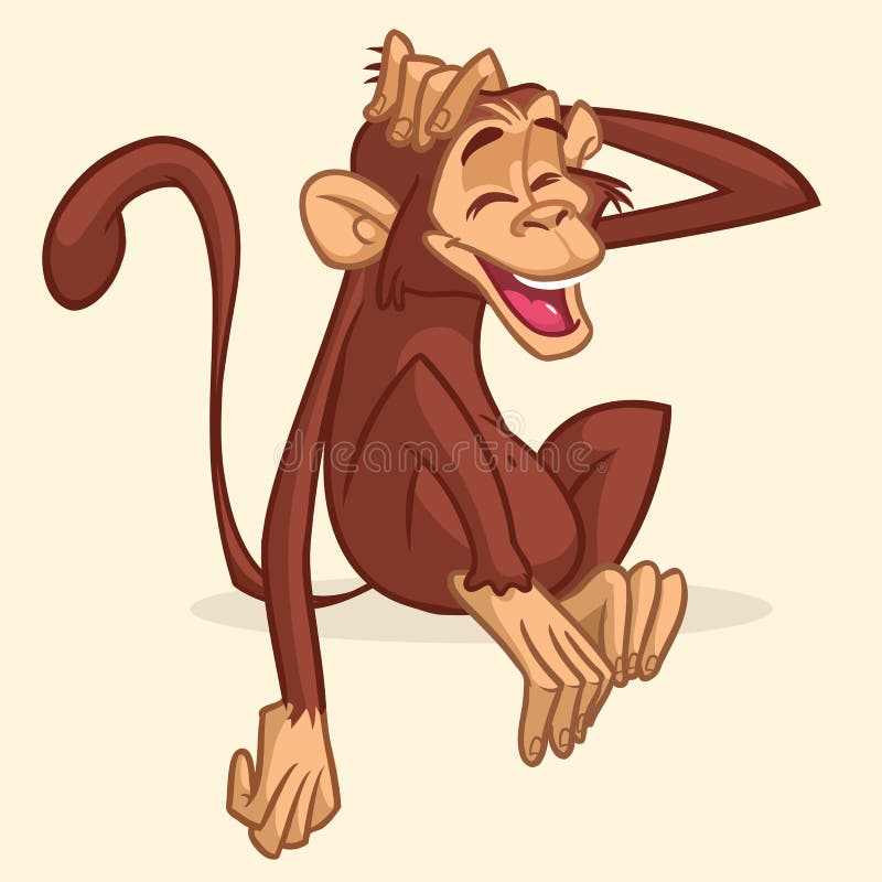 Cute cartoon drawing of a monkey sitting. Vector illustration of chimpanzee stretching his head and smiling with eyes closed. Isolated on white stock illustration