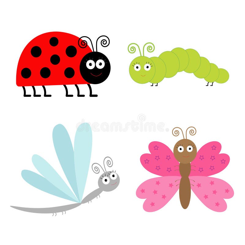 Cute cartoon insect set. Ladybug, dragonfly, butterfly and cater. Pillar. Isolated. Vector illustration stock illustration