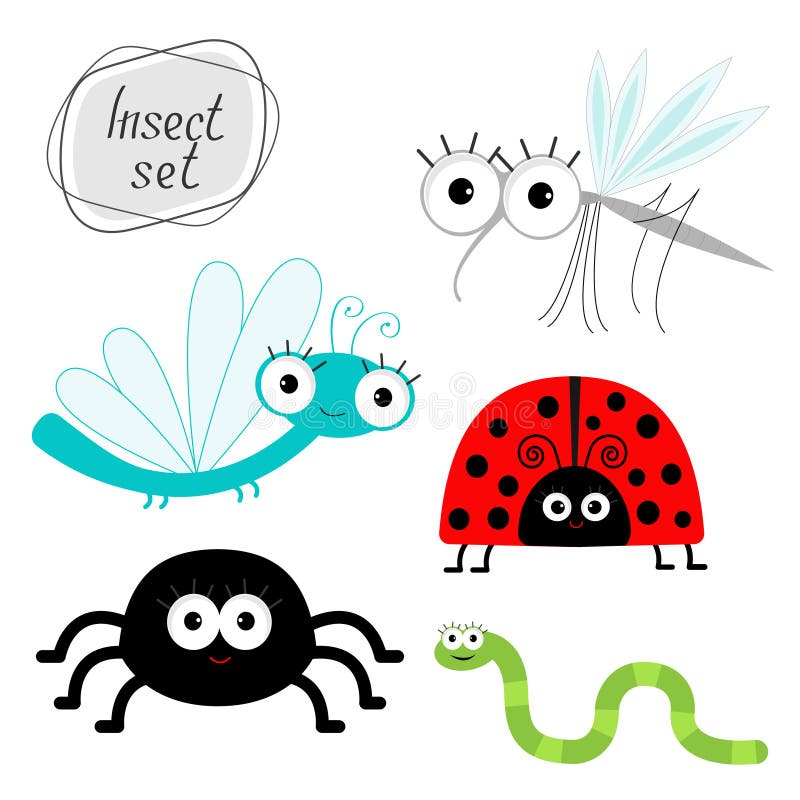 Cute cartoon insect set. Ladybug, dragonfly, mosquito, spider, worm. . Cute cartoon insect set. Ladybug, dragonfly, mosquito, spider and worm Vector royalty free illustration