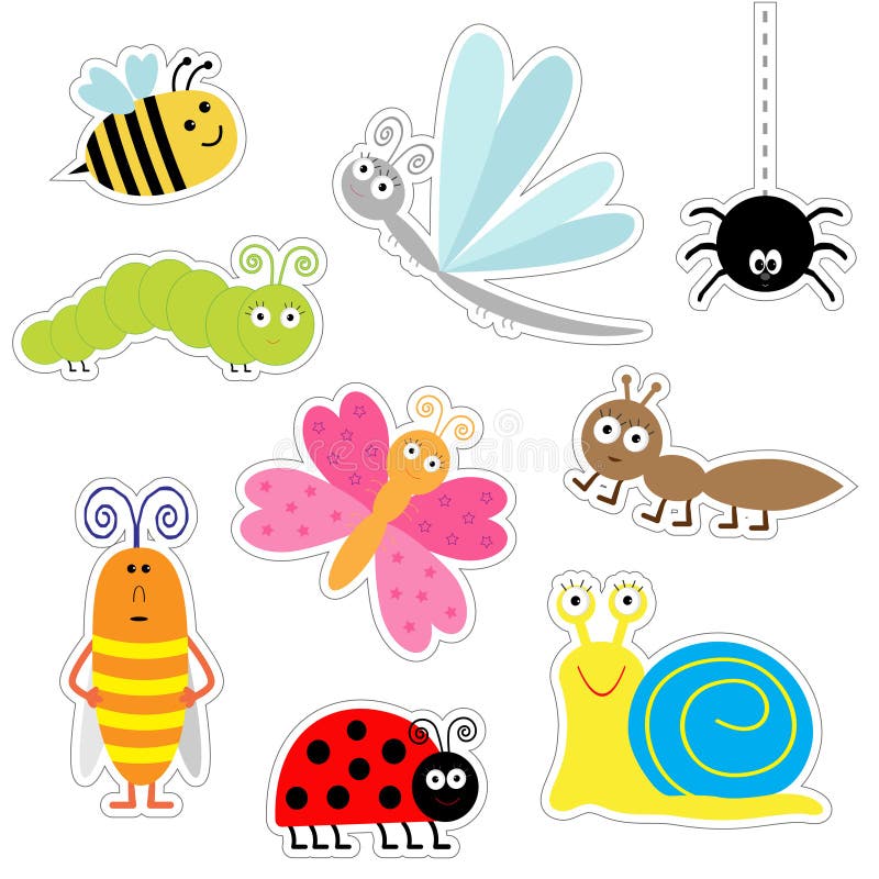 Cute cartoon insect sticker set. Ladybug, dragonfly, butterfly, caterpillar, ant, spider, cockroach, snail. Isolated. Flat design. Cute cartoon insect sticker vector illustration